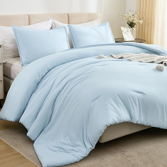 Litanika Comforters Light Blue California King Size, 3 Pieces Cal King Lightweight Solid Bedding Comforter Set, All Season Fluffy Bed Set (104x96In Comforter & 2 Pillowcases)