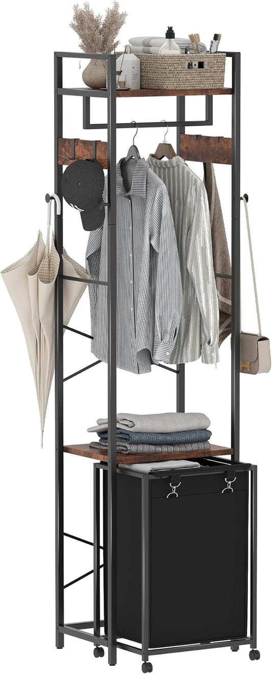Coat Rack with Laundry Basket, Laundry Hamper Freestanding Hall Tree, Clothes Rack with Storage Shelves, 14.5 Gal Removable Bags on Wheels, Black and Brown JLH005SR