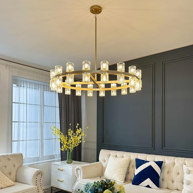 Modern 36" Gold Round Chandelier Light Fixture, K9 Crystal Chandeliers for Dining Room, Living Room, Dining Room Chandeliers Over Table, Chandelier for Bedroom, Foyer, Includes 36XG4 Bulbs