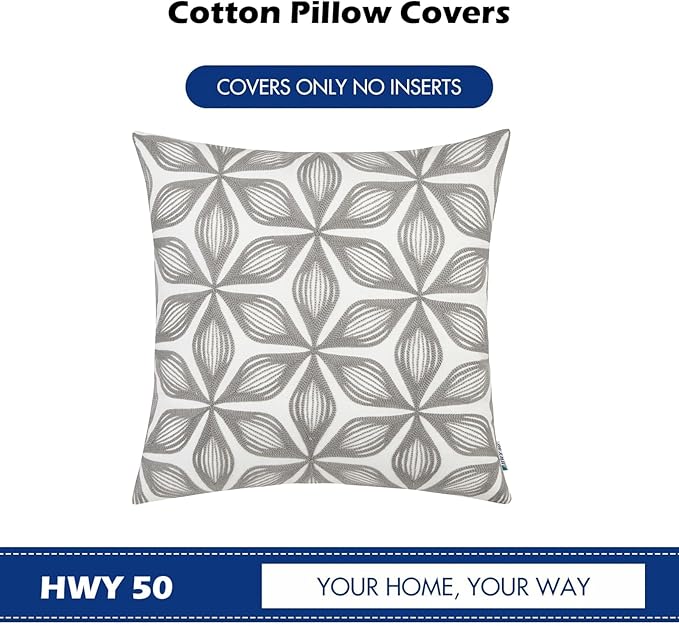 HWY 50 Grey Gray Decorative Throw Pillow Covers 18x18 Inch (1 Piece), Embroidered Cotton Farmhouse Cushion Cover Pillow Case for Sofa Couch Living Room Bed, Fashion Geometric