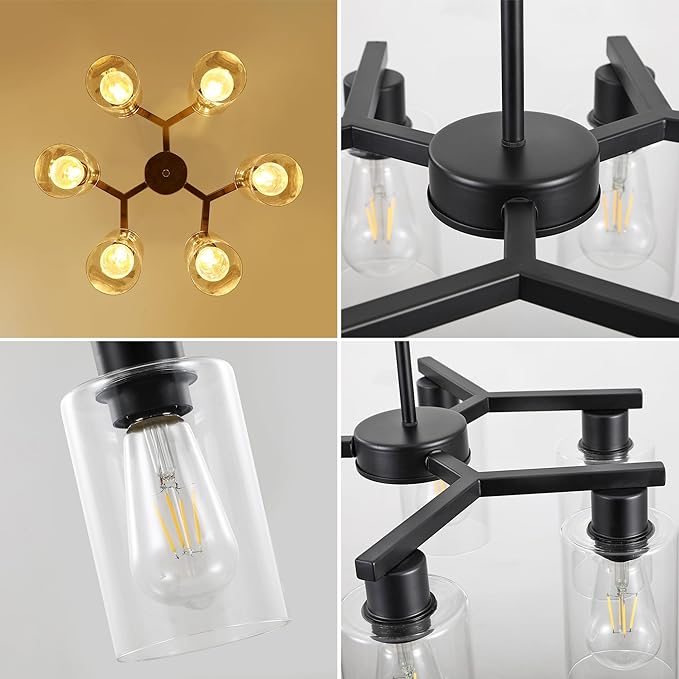 6-Light Black Modern Farmhouse Chandelier for Dining Room Ceiling Light Fixture with Clear Glass Shades, Adjustable Hanging Industrial Pendant Lighting for Living Room Kitchen Island Bedroom Entryway