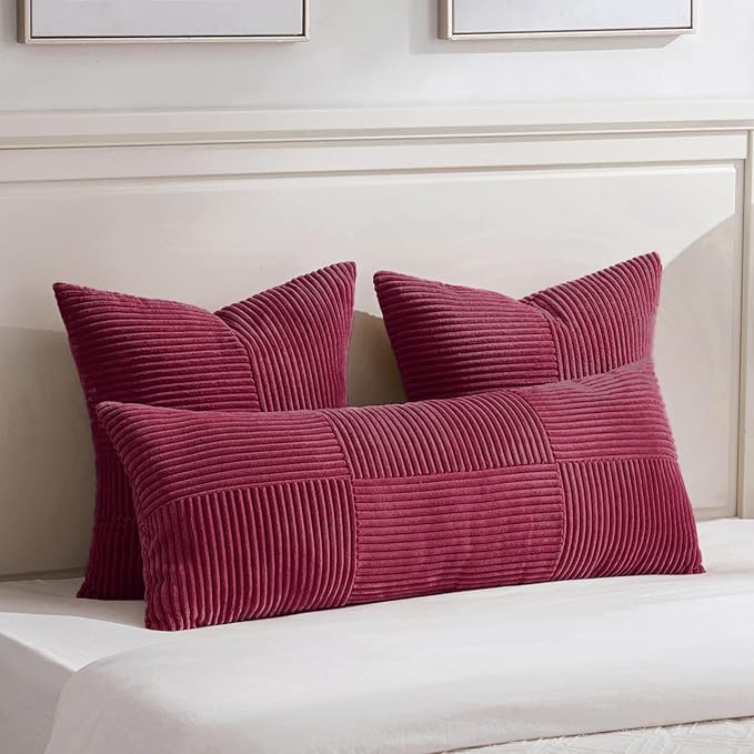 Fancy Homi 2 Packs Burgundy Euro Decorative Throw Pillow Covers 26x26 Inch for Living Room Bed, Rustic Farmhouse Boho Home Decor, Soft Corss Corduroy Patchwork Textured Square Cushion Case 66x66 cm