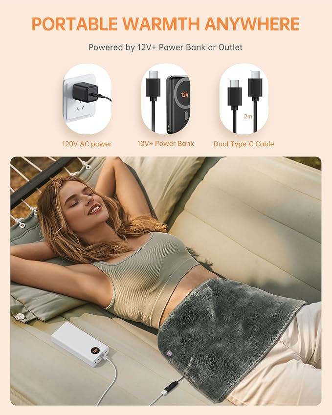 Nano Heating Pad Pain Relief, Far Infrared Heating Electric Pad for Period Cramps Back Neck, Washable, Car, Portable, for Women Mom Elder,12V Safe, Remote 6 Heat&Time(12"x24", Grey)