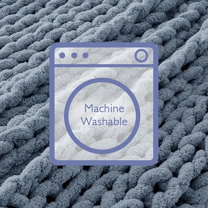 Bigacogo Chunky Knit Throw Blanket for Couch, 40x40 inches, 100% Hand Knitted with Thick Jumbo Chenille Yarn, Cozy Soft Large Rope Knot Cable Crochet Blankets for Sofa Bed Living Room, Cold Sea Blue