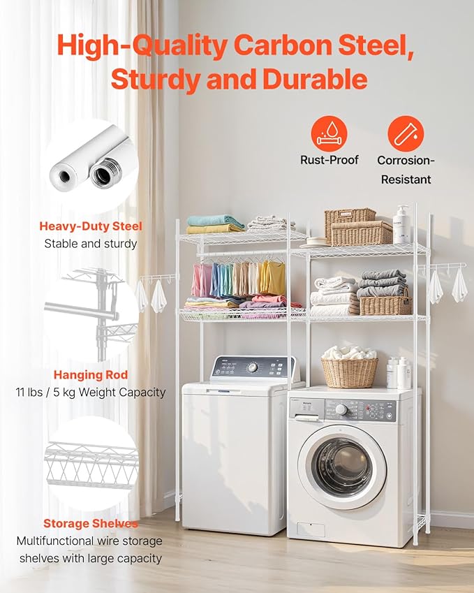 VEVOR Over The Washer and Dryer Storage Shelf, 4 Tier Laundry Room Drying Rack with Hanger Rod and Hooks, Adjustable Over Washer and Dryer Shelves, Laundry Room Shelf Storage Space Saver, White