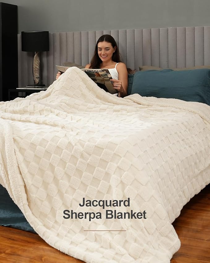 Pawque Super Soft Cozy Throw Blanket Queen Size for Couch Bed, Fluffy Sherpa Fleece Reversible Thick Warm Fuzzy Blanket for All-Season, 3D Checkered Jacquard Decorative Blankets, Cream White, 90"x90"