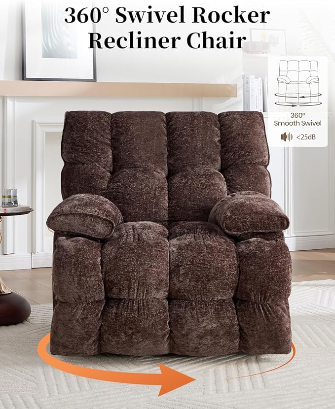Oversized Recliner Chair Manual Swivel Rocker Recliner for Living Room Chenille Overstuffed Nursery Reclining Sofa Chair Rocking Recliners for Adults 400lbs (Manual, Brown)