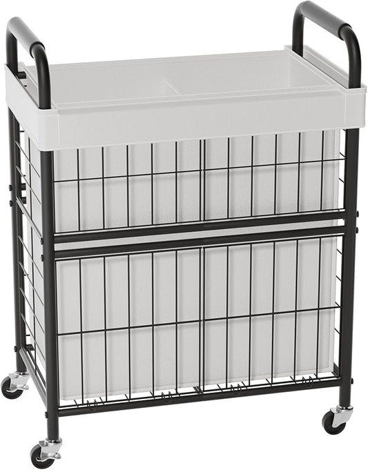 Laundry Hamper 2 Section, 110L Rolling Laundry Sorter Basket with Wheels, 2 Compartment Clothes Organizer Cart, Pull-Out Removable Bags for Laundry Room, Bathroom, Bedroom, White