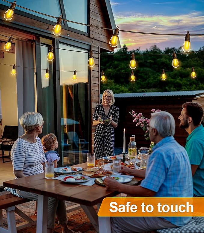 Outdoor-String-Lights-Patio-LED-Light-Outside 50Ft 15M Waterproof Remote Dimmable S14 LED Porch Lighting with 15 Edison Plastic Bulb Hanging Lights Connectable for Backyard Yard Gazebo Party Garden