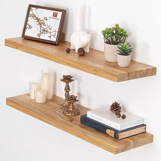 Floating Shelves for Wall, 32"W x 9.3"D x 1.5"H Rustic Solid Elm Wood Wall Shelves, Set of 2 with Invisible Heavy-Duty Metal Bracket, Deep Floating Shelf for Living Room Kitchen, Natural