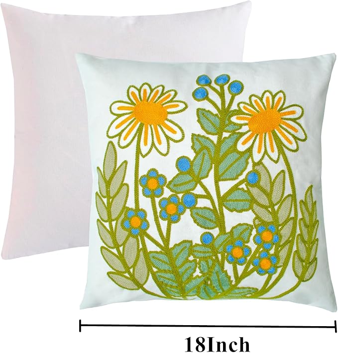 Embroidered Decorative Throw Pillow Cover, 18"x18" Set of 2, Farmhouse Pillowcase Daisy Knit Pattern Cotton Canvas Cushion Case Square Floral Pillow Case for Sofa Couch Bed Living Room…