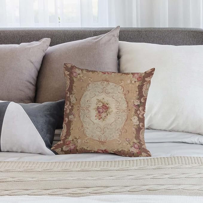 RURALS Antique Rose Floral French Aubusson Rug Decorative Pillow Covers Cozy Soft Throw Pillowcase Square Couch Cushion Cover for Home Decor Sofa Living Room Bed Car 18x18 Inch