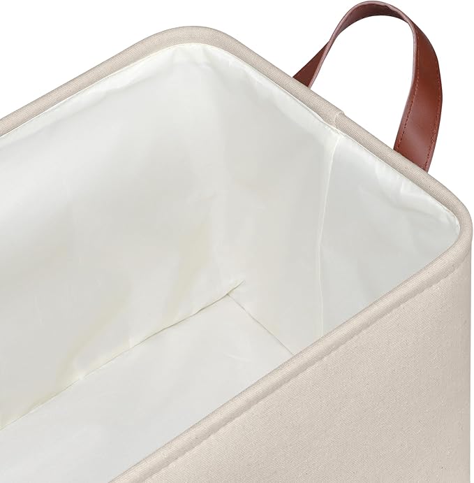 KEEGH Storage Baskets for Organizing, Fabric Storage Bins for Shelves with Leather Handle, Shelf Baskets for Closet Organization Closet Organizer Bins for Clothes, 15" L x 11" W x 10" H, Beige, 4 Pack
