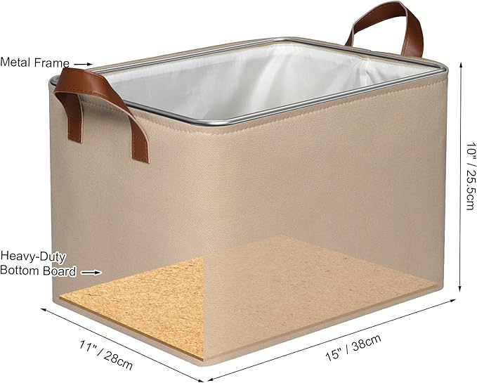 KEEGH Storage Baskets for Organizing, Fabric Storage Bins for Shelves with Leather Handle, Shelf Baskets for Closet Organization, 15" L x 11" W x 10" H, Brown, 4 Pack