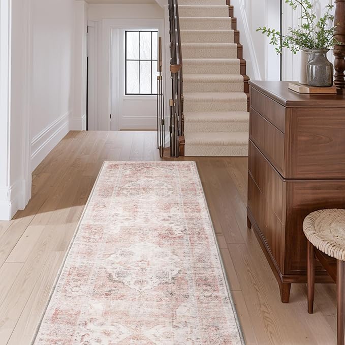 AMOAMI-2X10 Runner Rug-Washable Runners for Hallways-Soft Non Slip Bedside Rugs for Bedroom-Vintage Long Rug for Hallways Entryway Laundry Room Stair Kitchen Bathroom Pink