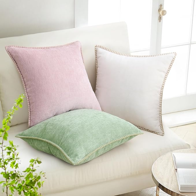 decorUhome Chenille Soft Throw Pillow Covers 20x20 Set of 2, Farmhouse Velvet Neutral Decorative Euro Pillow Covers with Stitched Edge for Couch Sofa Bed Home Decor, Sage Green