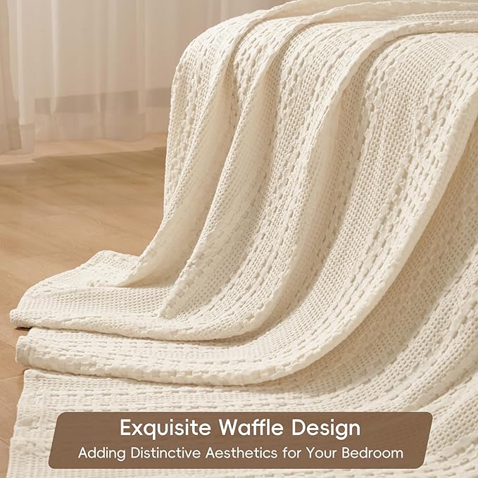 PHF 100% Cotton Waffle Weave Blanket Twin Size, Soft Lightweight Breathable Cozy Summer Blankets for Bed, Luxury Aesthetic Woven Bedding for Home Decor, 66"x90", Undyed