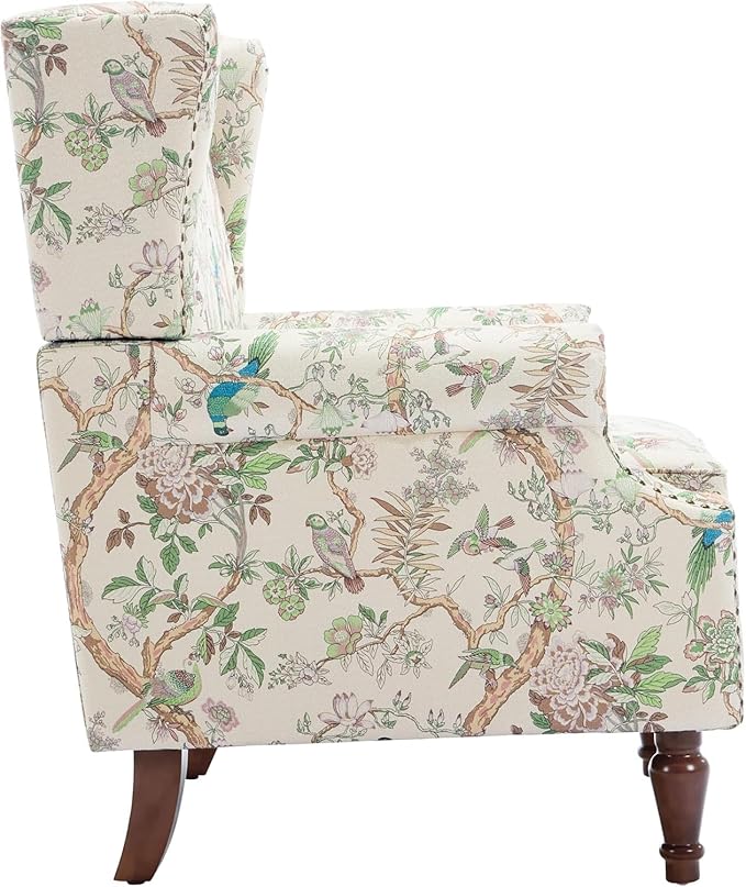 UIXE High Back Floral Accent Chair, Upholstered Armchair in Fabric for Living Room, Retro Printed Wingback Arm Chair Comfy Single Sofa Bedroom Reading Seat with Solid Wood Legs - Bird Pattern