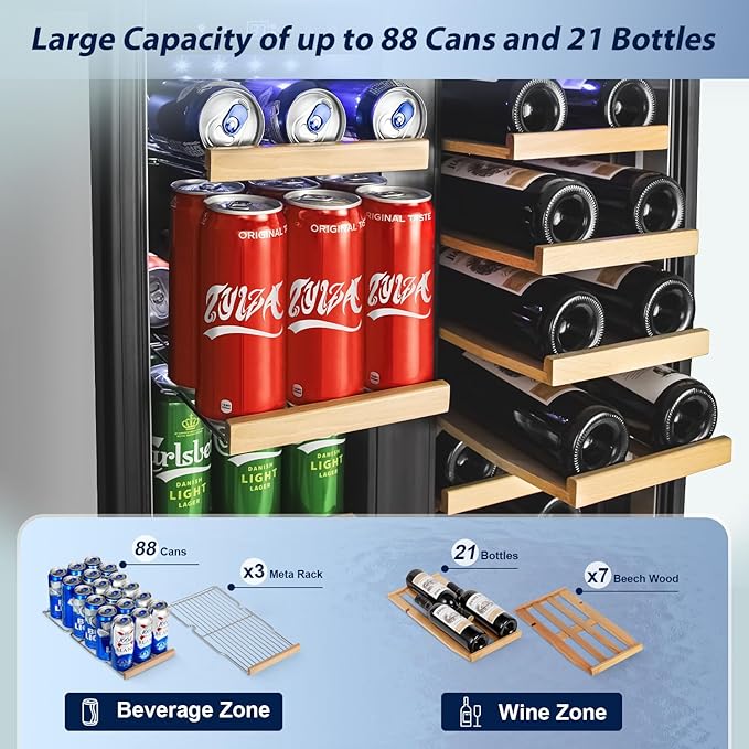 Tylza 24 Inch Wine and Beverage Refrigerator, Dual Zone Wine Beverage Cooler 24" with French Door, Under Counter Wine Beer Fridge Built-In or Freestanding, Holds 20 Bottles and 88 Cans, Black