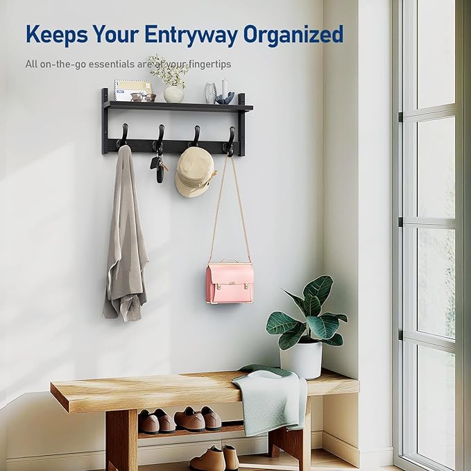 Tatub 20" Rustic Coat Rack Wall Mount with Shelf, Wall Hooks with Shelf, Heavy Duty Entryway Organizer Hangers for Hanging, Hat, Bag, Jacket for Bathroom, Living Room, Bedroom, Black