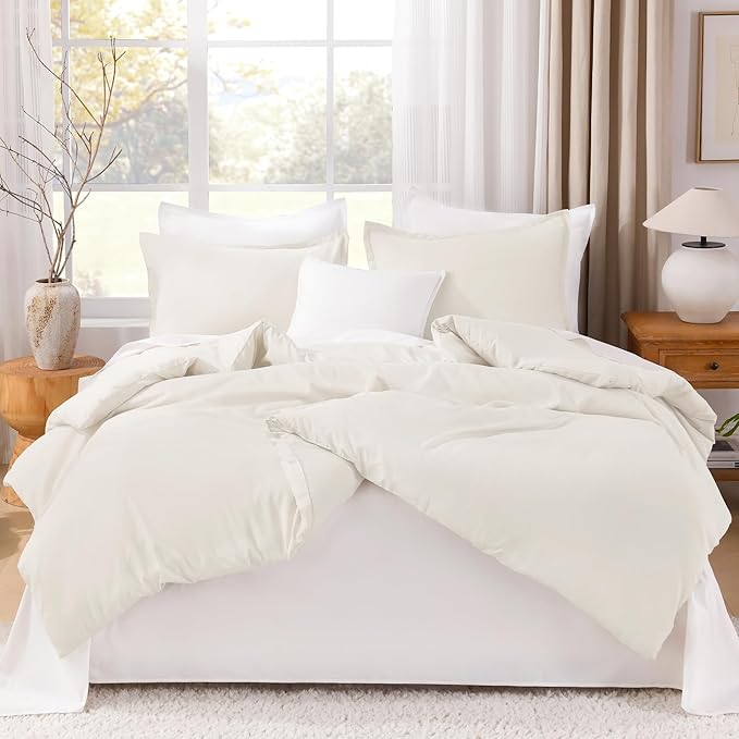 Litanika Comforters Ivory Oversized King Size, 3 Pieces Lightweight Solid Bedding Comforter Set, All Season Fluffy Bed Set (120x98In Comforter & 2 Pillowcases)