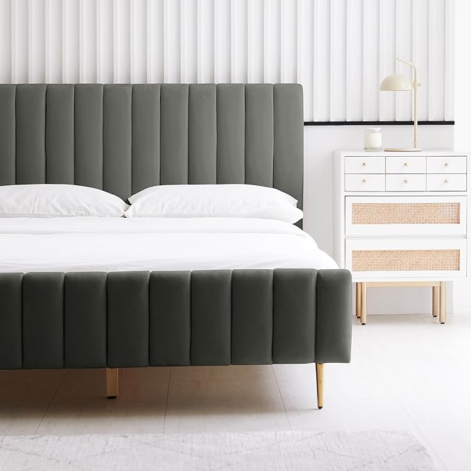 Livinia Full Size Elton Velvet Platform Bed, Upholstered Bed Frame with Vertical Channel Tufted Headboard Footboard, Strong Wood Slats, No Box Spring Needed, Gray (Full)