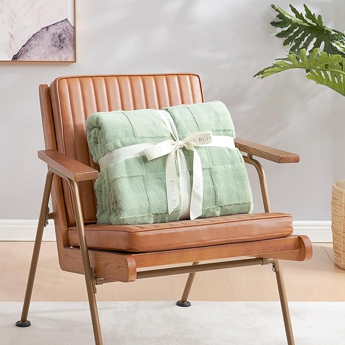 Cozy Bliss Checkered Faux Rabbit Fur Sage Green Throw Blanket, Soft Fuzzy Fluffy Minky Furry Blankets for Couch, Bed (50 * 60 Inches Light Green)