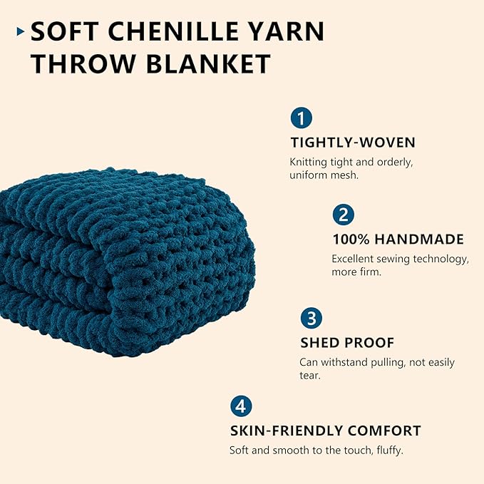 L'AGRATY Chunky Knit Throw: 60''x80'' Chenille Chunky Knitted Blanket for Bed, Couch - Handmade, Thick, Big Cable Knit Blanket - Blue