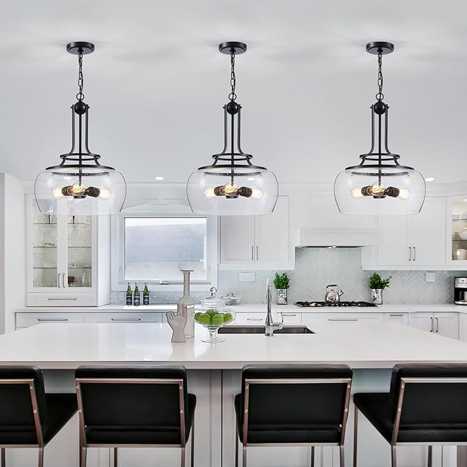 WUZUPS Chandelier Rustic Farmhouse Industrial Round Ceiling Pendant LED Light Fixture Clear Seeded Glass Shade for Dining Room Kitchen Island Foyer Entryway, H 20.9" x W 15.9", Black