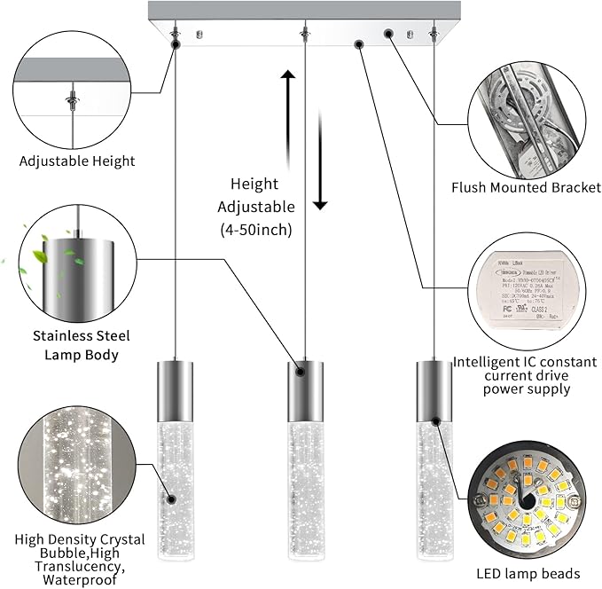 OKELI 3-Light Dimmable LED Pendant Lighting for Kitchen Island, 18W 1350LM Modern Crystal Bubble Island Light Fixture, 6000K Cool White, Adjustable Electro-Chrome Fixture, Easy Install, Square