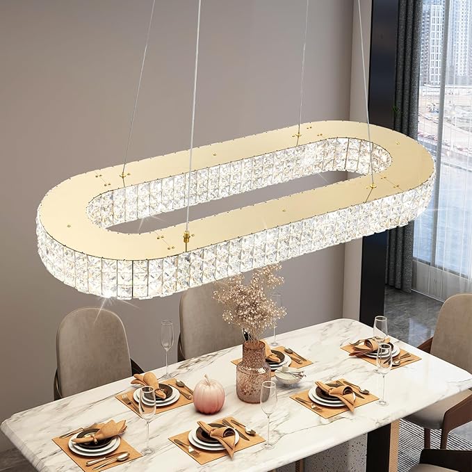 Modern Crystal Chandelier, Dia 40" Rectangular Chandelier for Dining Room,Gold Rectangle Crystal Ceiling Light Luxury Oval Chandeliers for Living Room Kitchen Island