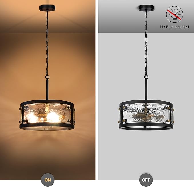 13" Industrial Drum Glass Chandelier, 3-Light Rustic Hanging Pendant Lights, Metal Round Lighting Fixture for Dining Room Foyer Entryway Hallway Bedroom, Clear Waterglass Drum Shade