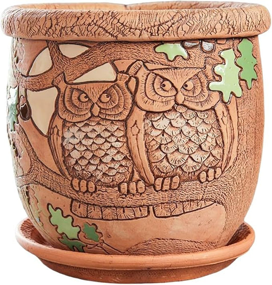 Ceramic Pot with Drainage Hole and Saucer, Plant Pots, Modern Decorative Planters for House Plants Indoor Flowers Plants, Cute Flower Pot - Gifts (Owls (1.6 L))