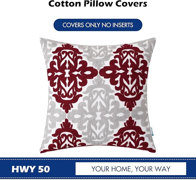HWY 50 Burgundy Red Decorative Throw Pillow Covers 18x18 Inch (1 Piece), Embroidered Cotton Farmhouse Cushion Cover Pillow Case for Sofa Couch Living Room Bed Bedroon, Floral Geometric
