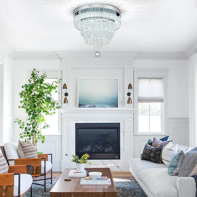 16“ Crystal Chandeliers Light Flush Mount Ceiling Light Fixtures Round Modern LED Chandelier for Living Room Bedroom Dining Room Closet Hallway (Cool White)