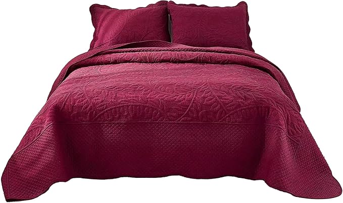 MarCielo 3-Piece 100% Cotton Oversized Bedspread Lightweight Quilt Coverlet Embroidery Farmhouse Bedding Set T0 (Wine Burgundy, Oversized Queen (100"x106"))
