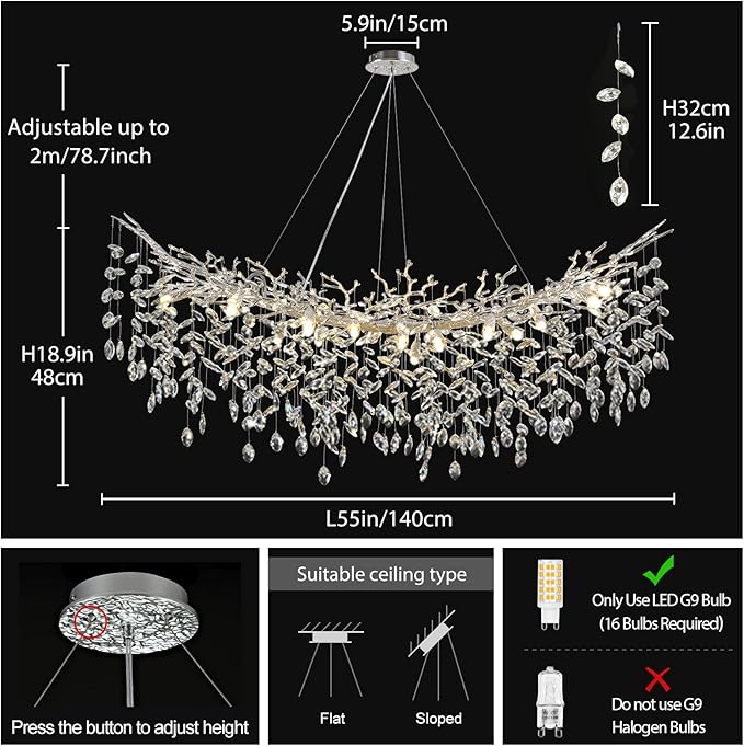 Modern Crystal Silver Chandelier, 55" Large Rectangular Oval Tree Branch Crystal Chandeliers for Dining Room,16-Light Flush Mount K9 Crystal Chandeliers, for Kitchen Island,Dining Room