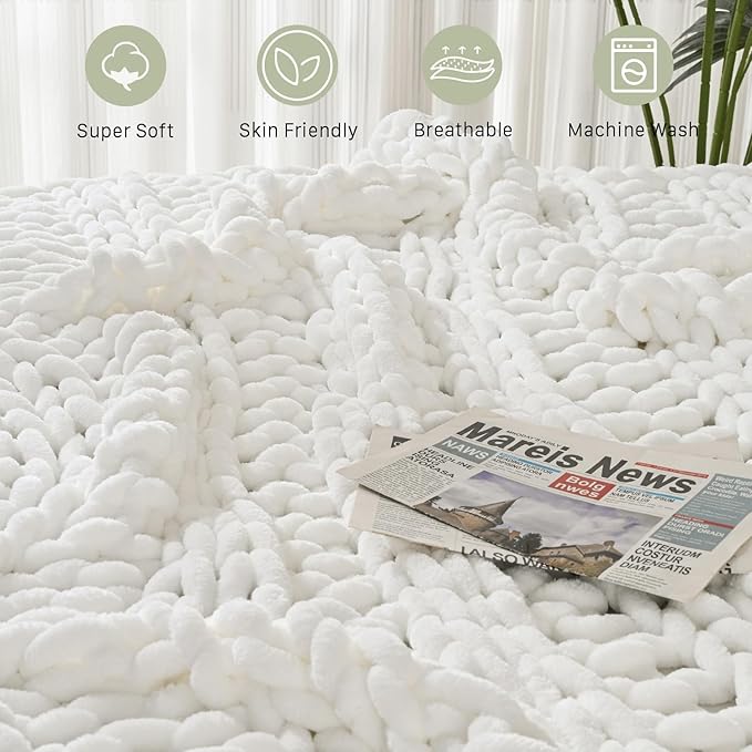 Esterra Chunky Knit Blanket Throw, 100% Handmade Chenille Throw Blanket 60"x80", Soft Thick Yarn Cable Knit Crochet Throw Blanket Rope Knot Throw for Couch Bed Sofa, Bright White