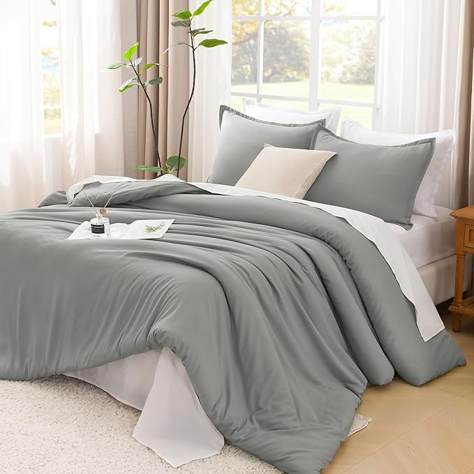Litanika Comforters Medium Gray King Size, 3 Pieces Lightweight Solid Bedding Set & Collections, All Season Fluffy Bed Set (104x90In Comforter & 2 Pillowcases)