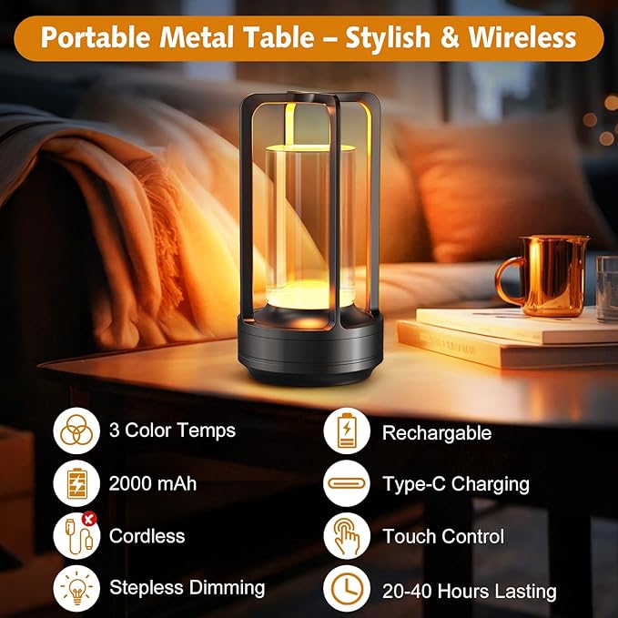Portable Table Lamp for Outdoor Indoor: Cordless Rechargeable Desk Lamp with 3 Color Stepless Dimmable - Metal Battery Operated Small Lantern Light for Restaurant/Bedroom/Bar/Coffee Shop/Camping