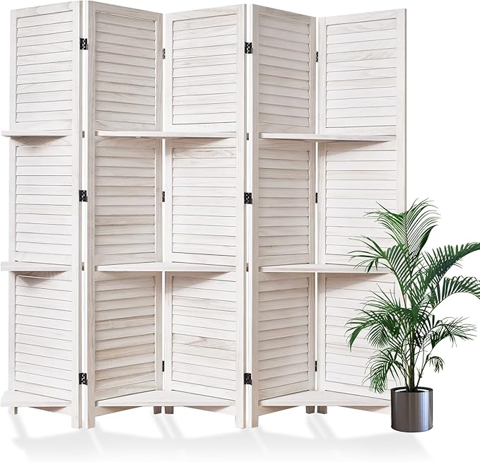 Partition Room Dividers, Folding Wood Privacy Screen with Three Display Shelves Suitable for Home Office, Study, Art Display - 5 Panel, 67 * 64inch (White-Washed)