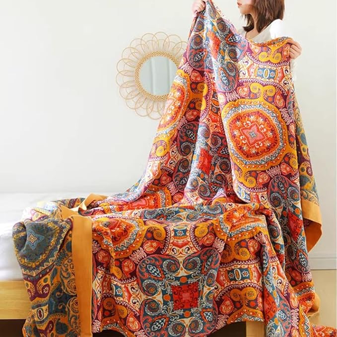 Boho Muslin Blanket for Adults 4-Layer Gauze Twin Size Soft Cozy 100% Cotton Summer Cooling Blanket Floral Decor for Sofa Bed Coverlet Both Sides (A Boho Figure Orange, Twin 60 x 80 in)