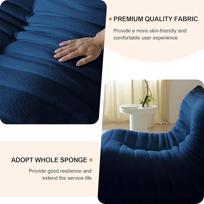 Luxury Sofa Couch Chair, Lazy Floor Seating, Fireside Bean Bag Chair, Ergonomic Tatami Sofa Lounger for Living Room, Bedroom, Office, 3 Seat, Blue