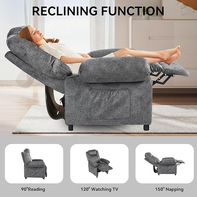 KCREAM Massage Recliner Chair with Heating,Overstuffed Fabric Reclining Chairs for Living Room,Small Recliner Manual Reclining Single Sofa Recliners Lounge Chair,Grey
