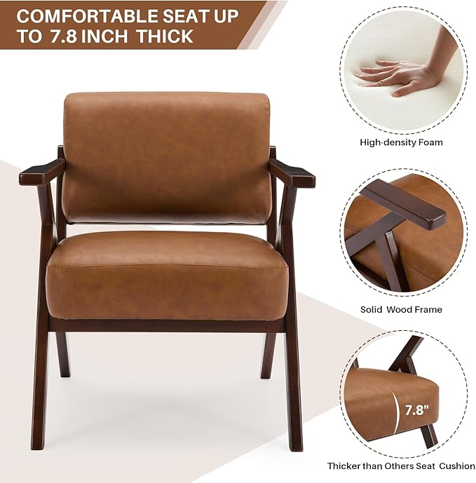Mid-Century Modern Lounge Armchair - Genuine Brown Leather with Solid Wood X-Base Frame, Seat Cushion - for Living Room, Study, Balcony Retro Design, Brown Leather
