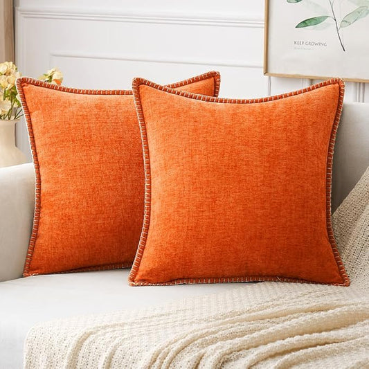 MIULEE Pack of 2 Fall Couch Throw Pillow Covers 20x20 Inch Bright Orange Farmhouse Decorative Pillow Covers with Stitched Edge Soft Chenille Solid Dyed Pillow Covers for Sofa Bed Living Room