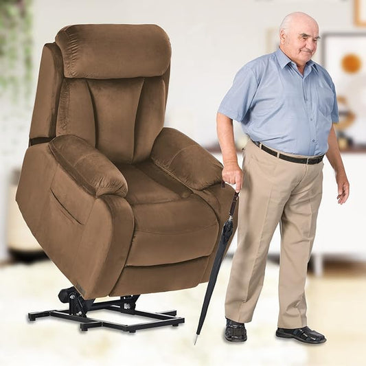 Power Lift Chair Recliners for Elderly, Modern Adult Power Lift Recliner, Velvet Upholstery Electric Lift Chair Recliner with Side Pocket for Living Room (Brown)