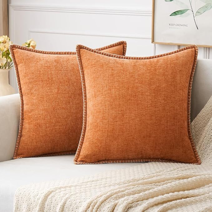 MIULEE Pack of 2 Fall Couch Throw Pillow Covers 18x18 Inch Orange Farmhouse Decorative Pillow Covers with Stitched Edge Soft Chenille Solid Dyed Pillow Covers for Sofa Bed Living Room