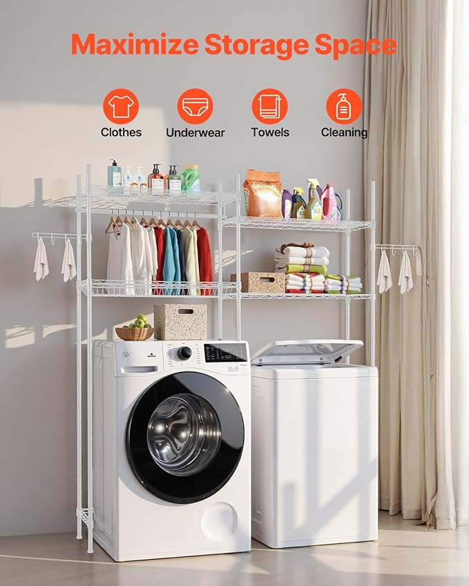 VEVOR Over The Washer and Dryer Storage Shelf, 4 Tier Laundry Room Drying Rack with Hanger Rod and Hooks, Adjustable Over Washer and Dryer Shelves, Laundry Room Shelf Storage Space Saver, White