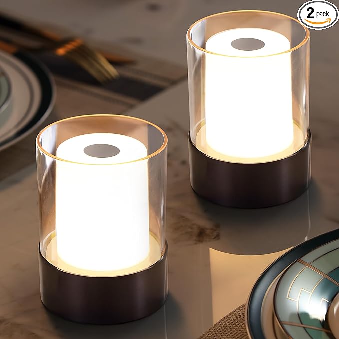 LED 4" Mini Cordless Table Lamp 2 Pack, Outdoor Waterproof Lamp, Rechargeable Battery Operated Lamp, Portable Touch Night Light for Dining Room, Camping, Nursery, Baby, Bar, Party (Black)